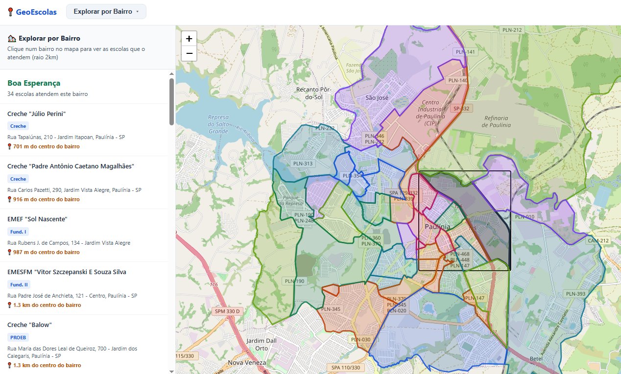 Exploração por bairro no GeoEscolas, mostrando polígonos de bairros e lista de escolas que atendem a região
