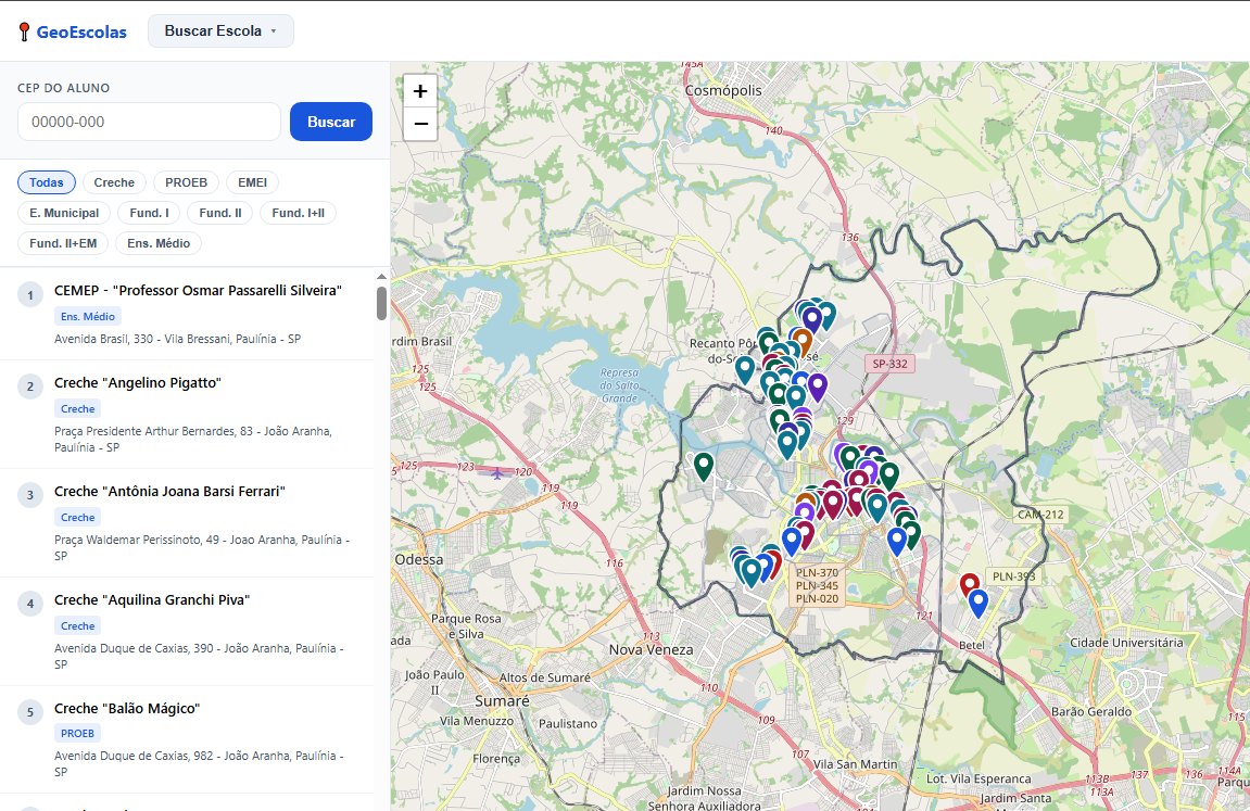 Tela de busca de escola por CEP do aluno no GeoEscolas, com filtros por etapa de ensino e mapa da cidade