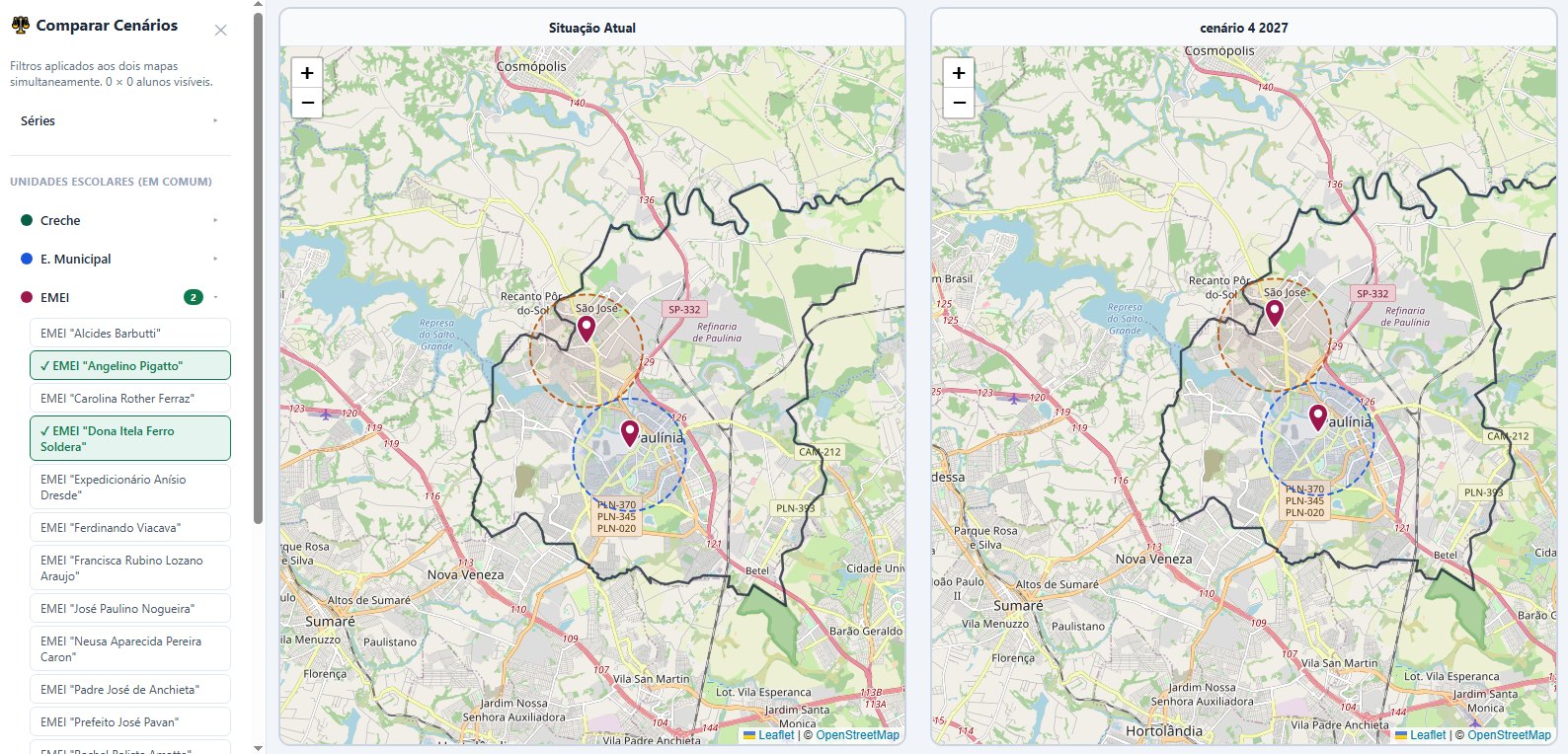 GeoEscolas comparando dois cenários de mapa lado a lado