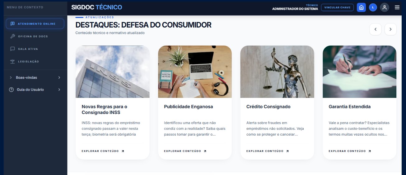 Painel do SigDoc com destaques de conteúdo do PROCON